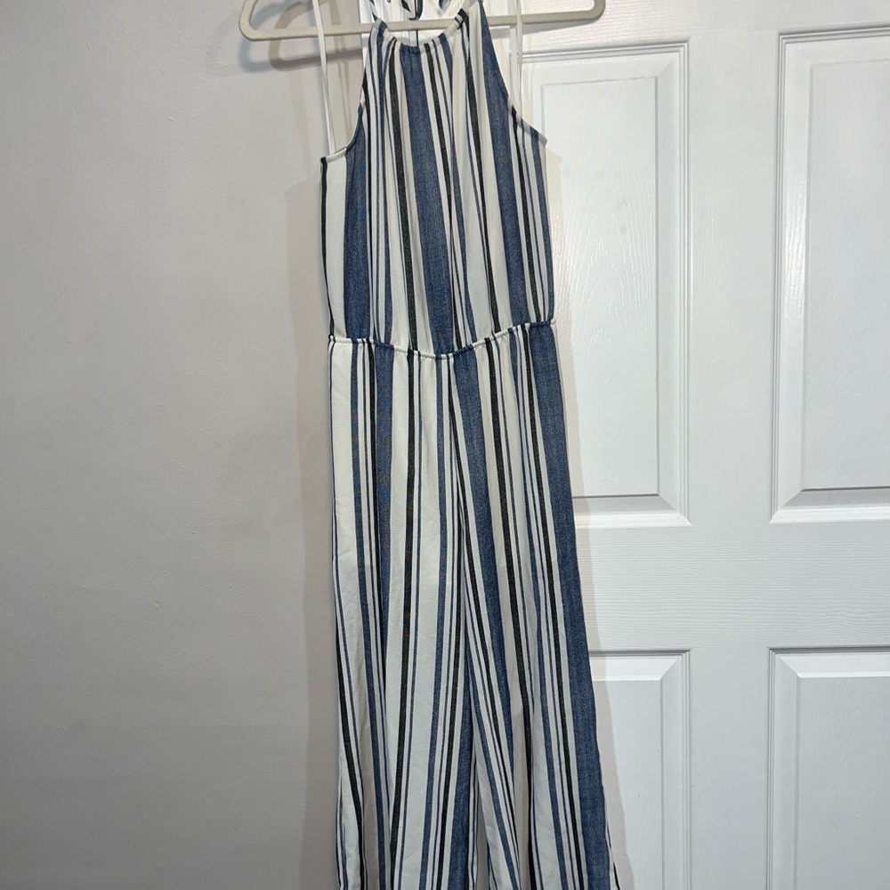 Emory Park Blue and White Pinstriped Halter Jumpsuit